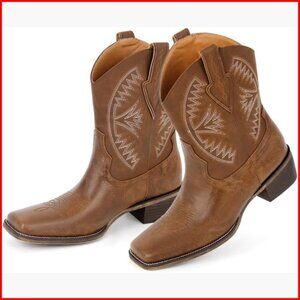 Square Toe Western Ankle Boots with Embroidered Design, 2-Inch Heel